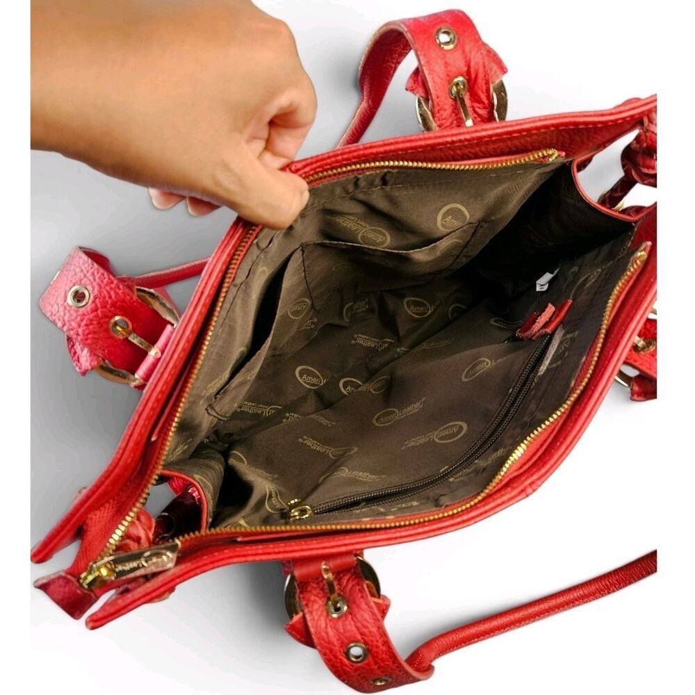 Women's Red Pebbled Leather Zip Tote Bag Gold Hardware Carry-on - Picture 4 of 6